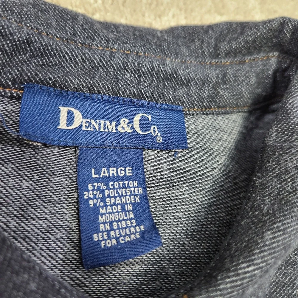 Denim & Co Pearl Snap Shirt Women Large Soft‎ Stretch Denim Dark Cowgirl Rodeo